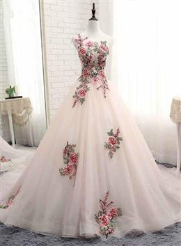 Picture of Light Pink Ball Gown Quinceanera Dresses with Flowers Embroidery, Pink Tulle and Organza Party Dresses